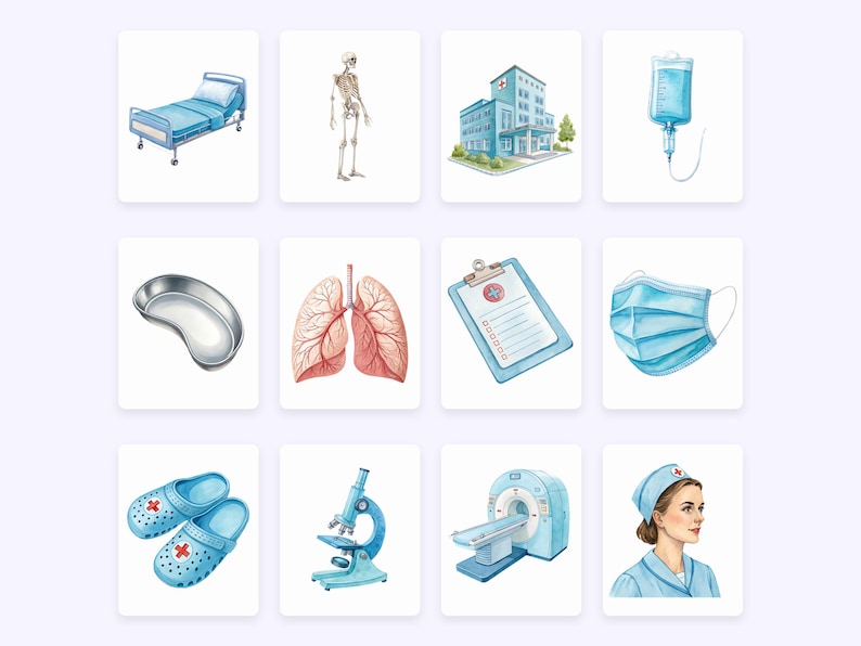 Op de afbeelding: Een aquarel-illustratieset van medische en gezondheidsgerelateerde items, waaronder een ziekenhuisbed, een skelet, een ziekenhuisgebouw, een IV-zak, een nierbekken, longen, een klembord, een gezichtsmasker, klompen, een microscoop en een CT-scanner.