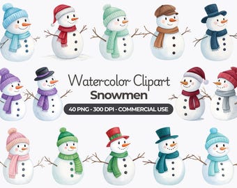 Clipart z akwarelowym bałwanem, Boże Narodzenie, zima, PNG (do użytku komercyjnego)