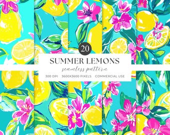 Preppy Lemons Seamless Pattern, Tropical Lemons Pattern, Seamless Lemon Digital Paper, Summer Lemons Preppy Pattern, Commercial Use