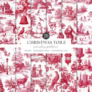 Op de afbeelding: Een verzameling van 20 naadloze kersttoile-patronen in rood en wit. De patronen tonen feestelijke scènes met herten, sneeuwmannen, de kerstman en andere vakantie-elementen. De tekst "CHRISTMAS TOILE seamless pattern" wordt weergegeven.