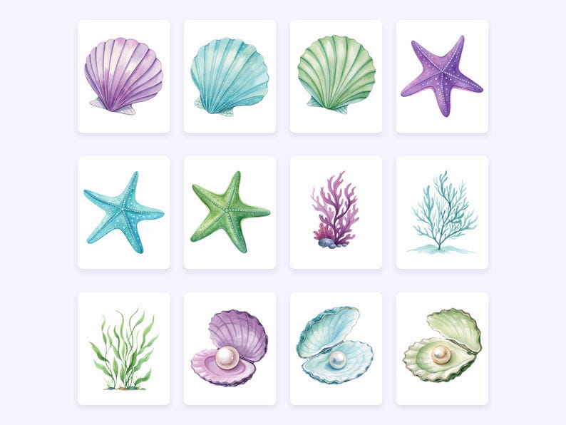 Pu&ograve; includere: Illustrazioni ad acquerello di vari elementi della vita marina, tra cui conchiglie viola, blu e verdi, stelle marine viola, blu e verdi, coralli, alghe e perle in conchiglie aperte. Le immagini sono su sfondi bianchi.