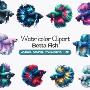 Op de afbeelding: Een set van tien aquarel illustraties van betta vissen in verschillende kleuren en poses. De vissen zijn afgebeeld met vloeiende vinnen en levendige kleuren, waaronder blauw, groen, rood, roze en paars. De illustraties zijn perfect om een vleugje whimsy en schoonheid toe te voegen aan elk project.