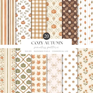 Pode incluir: Uma coleção de 20 padrões digitais sem costura com temas de outono, incluindo abóboras laranja, xadrez marrom, folhas, flores, laços e bolinhas. O texto diz 20 COZY AUTUMN seamless pattern 300 DPI 3600X3600 PIXELS COMMERCIAL USE.