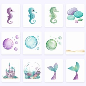 Pu&ograve; includere: Illustrazioni ad acquerello a tema acquatico, tra cui cavallucci marini viola, turchese e verdi, bolle e code di sirena. Le immagini sono presentate su singole carte, con uno stile infantile.