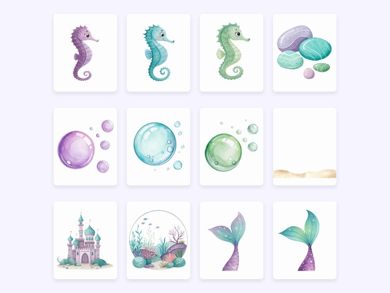 Pu&ograve; includere: Illustrazioni ad acquerello a tema acquatico, tra cui cavallucci marini viola, turchese e verdi, bolle e code di sirena. Le immagini sono presentate su singole carte, con uno stile infantile.