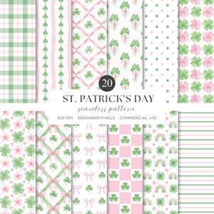 May include: A collection of 20 St. Patrick's Day seamless patterns. The patterns feature green and pink shamrocks, bows, and plaid designs. The text "St. Patrick's Day seamless pattern" is displayed.