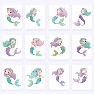Pu&ograve; includere: Dodici illustrazioni di sirene con diverse combinazioni di colori. Ogni sirena ha un colore di capelli e coda diverso, oltre ad accessori. Sorridenti, su sfondo bianco.