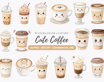 May include: A set of 12 watercolor illustrations of cute coffee cups with different toppings and designs. The cups have cartoon faces and are in various colors, including brown, beige, and white. The text "Watercolor Clipart Cute Coffee 40 PNG - 300 DPI - Commercial Use" is at the bottom of the image.