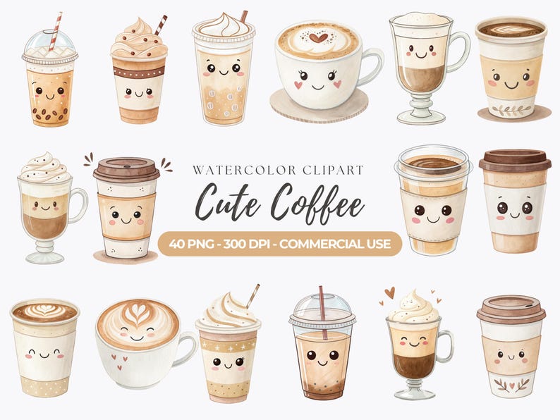 May include: A set of 12 watercolor illustrations of cute coffee cups with different toppings and designs. The cups have cartoon faces and are in various colors, including brown, beige, and white. The text "Watercolor Clipart Cute Coffee 40 PNG - 300 DPI - Commercial Use" is at the bottom of the image.