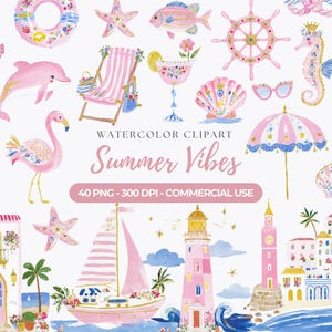 May include: Watercolor clipart featuring a summer theme with pink and blue illustrations. Includes a sailboat, flamingo, starfish, and beach umbrella. Text reads "Summer Vibes" and "40 PNG - 300 DPI - COMMERCIAL USE".