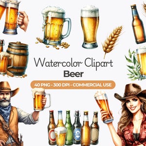 May include: Watercolor clipart set of beer-themed illustrations, including mugs, bottles, a barrel, wheat, and cowboys. The set includes 40 PNG files at 300 DPI for commercial use.
