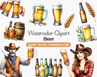 Imágenes prediseñadas de cerveza en acuarela: jarras, barriles y lúpulo (PNG, uso comercial)