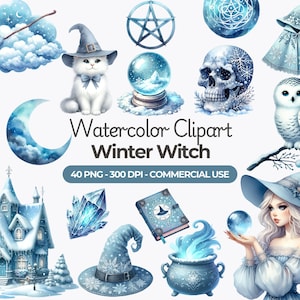 Aquarelle hiver sorcière Clipart, PNG magique de l'hiver, Illustration de conte de fées, Clipart païen, planificateur d'art, Scrapbooking, usage Commercial