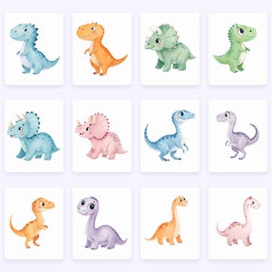 May include: A set of ten watercolor illustrations of cute dinosaurs in various colors, including blue, green, orange, pink, and purple. The dinosaurs are depicted in a cartoon style and are perfect for use in children's books, greeting cards, or other creative projects.