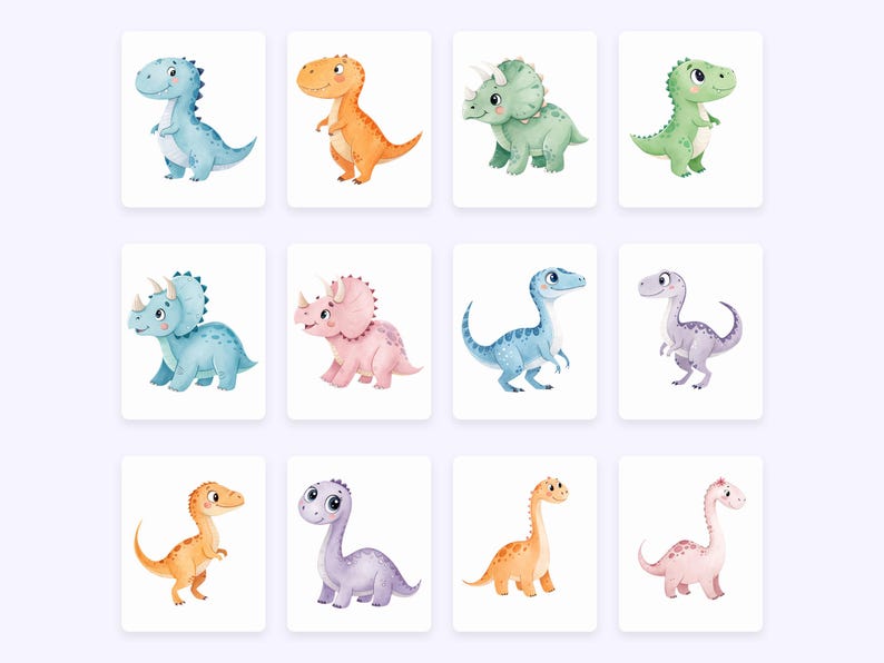 May include: A set of ten watercolor illustrations of cute dinosaurs in various colors, including blue, green, orange, pink, and purple. The dinosaurs are depicted in a cartoon style and are perfect for use in children's books, greeting cards, or other creative projects.