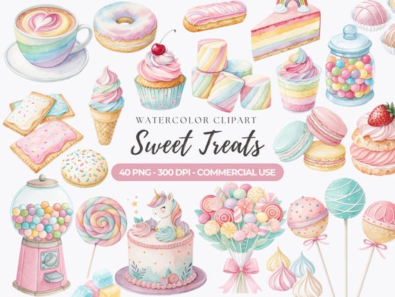 Pastel Sweets Clipart Bundle, Sweet Treats PNG, Treats Clipart, Cupcake, Cotton Candy, Ice Cream, Candy, Sweets, Commercial Use