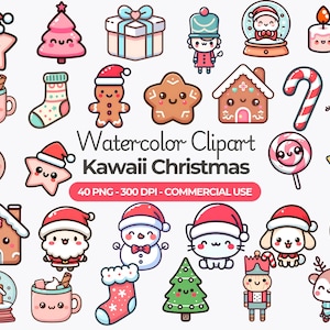 Más de 40 imágenes prediseñadas navideñas kawaii, lindas imágenes PNG navideñas, Navidad pastel, Papá Noel, reno, árbol de Navidad, uso comercial