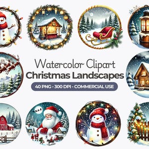 Watercolor Christmas Landscapes Clipart, Winter Landscape PNG, Christmas Tree, Winter Forest, Snowy Landscape, Commercial Use