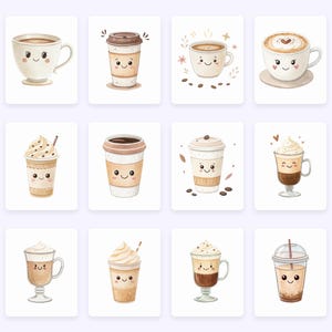 May include: A set of nine digital illustrations of cute cartoon coffee drinks with smiling faces. The drinks include a coffee cup, a latte, a cappuccino, a mocha, a frappuccino, a iced coffee, a latte, a cappuccino, and a iced coffee.