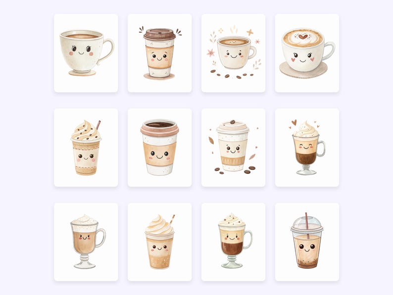 May include: A set of nine digital illustrations of cute cartoon coffee drinks with smiling faces. The drinks include a coffee cup, a latte, a cappuccino, a mocha, a frappuccino, a iced coffee, a latte, a cappuccino, and a iced coffee.