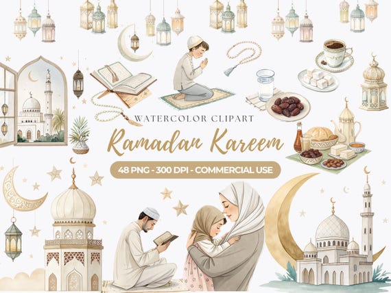 Watercolor Ramadan Clipart, Islamic Illustrations (Commercial Use)