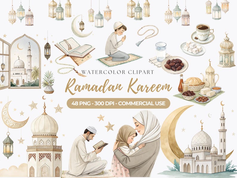 Pode incluir: Ilustra&ccedil;&otilde;es de clipart de aquarela de Ramadan Kareem. O conjunto inclui uma mesquita, uma lua crescente, lanternas, estrelas, uma fam&iacute;lia rezando, um homem lendo o Cor&atilde;o, t&acirc;maras e outros s&iacute;mbolos isl&acirc;micos tradicionais. 48 PNG - 300 DPI - Uso comercial.