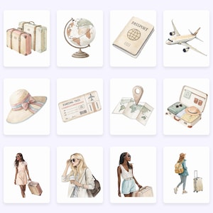 Puede incluir: Ilustraciones en acuarela con tem&aacute;tica de viajes. Incluye maletas, un globo terr&aacute;queo, un pasaporte y un avi&oacute;n. Tambi&eacute;n presenta un sombrero para el sol, una tarjeta de embarque, un mapa con un alfiler y una maleta con ropa. Tambi&eacute;n se incluyen varias ilustraciones de personas con equipaje.