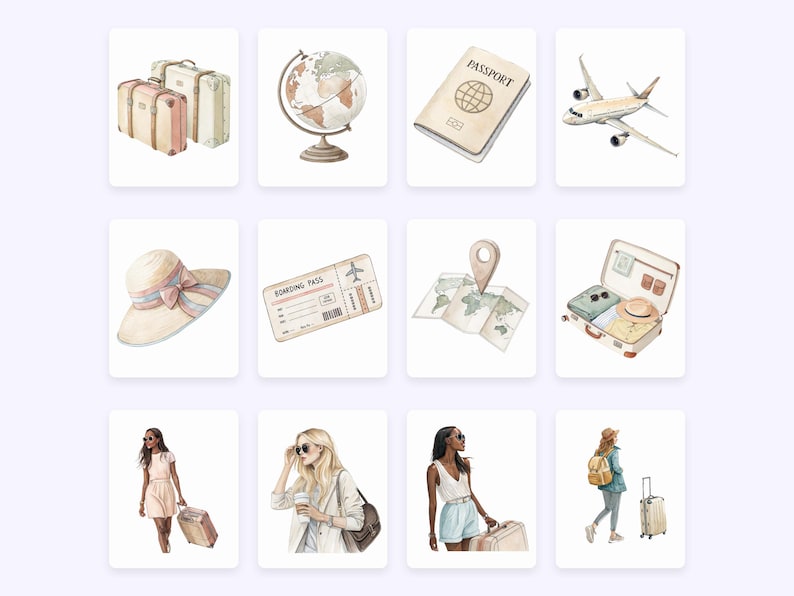 Puede incluir: Ilustraciones en acuarela con tem&aacute;tica de viajes. Incluye maletas, un globo terr&aacute;queo, un pasaporte y un avi&oacute;n. Tambi&eacute;n presenta un sombrero para el sol, una tarjeta de embarque, un mapa con un alfiler y una maleta con ropa. Tambi&eacute;n se incluyen varias ilustraciones de personas con equipaje.