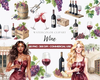 Watercolor Wine Clipart: Bottles, Grapes, Vineyard (PNG, Commercial Use)