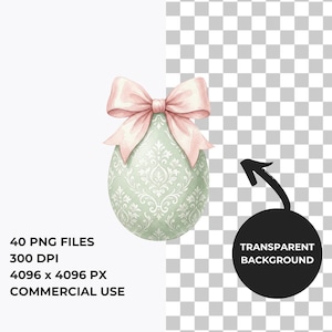 May include: A watercolor Easter egg with a light green damask pattern and a pink bow. The image includes text that reads "40 PNG FILES, 300 DPI, 4096 x 4096 PX, COMMERCIAL USE" and a black circle with the words "TRANSPARENT BACKGROUND".