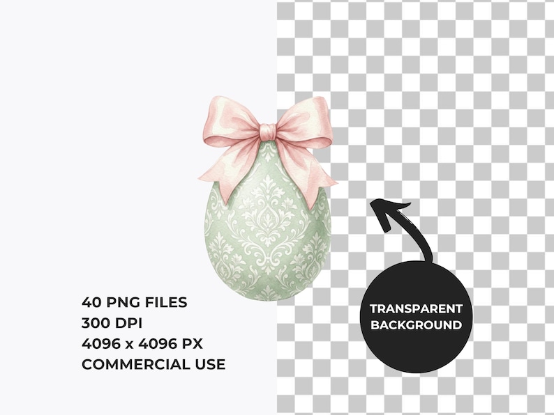May include: A watercolor Easter egg with a light green damask pattern and a pink bow. The image includes text that reads "40 PNG FILES, 300 DPI, 4096 x 4096 PX, COMMERCIAL USE" and a black circle with the words "TRANSPARENT BACKGROUND".
