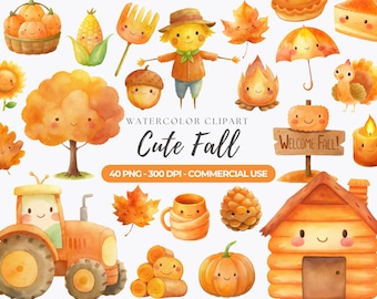 Kawaii Fall Clipart Bundle, Autumn PNG, Thanksgiving Graphics (Commercial Use)
