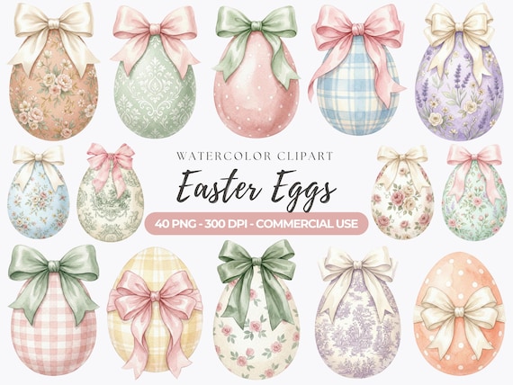 Watercolor Easter Eggs Clipart, Eggs and Bows PNG, Floral Spring Sublimation, Digital Download