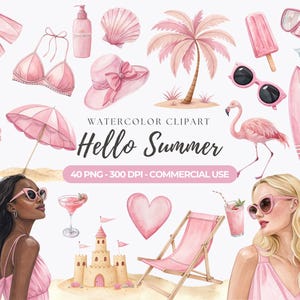 Rosa Sommer Clipart, Strandtag PNG, Strand Urlaub Clipart, Aquarell Sommer, Pool Party Clipart, Urlaub PNG, kommerzielle Nutzung