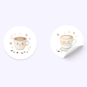 May include: Two round stickers with cute cartoon coffee cups. One sticker features a brown coffee cup with a happy face and the other sticker features a latte with a happy face.