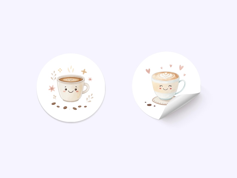 May include: Two round stickers with cute cartoon coffee cups. One sticker features a brown coffee cup with a happy face and the other sticker features a latte with a happy face.