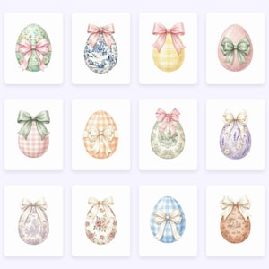 May include: Watercolor illustrations of Easter eggs with decorative bows. Each egg features a unique pattern, including floral, gingham, and toile designs. The bows are in various pastel colors, adding to the festive theme. The eggs are displayed on a white background.