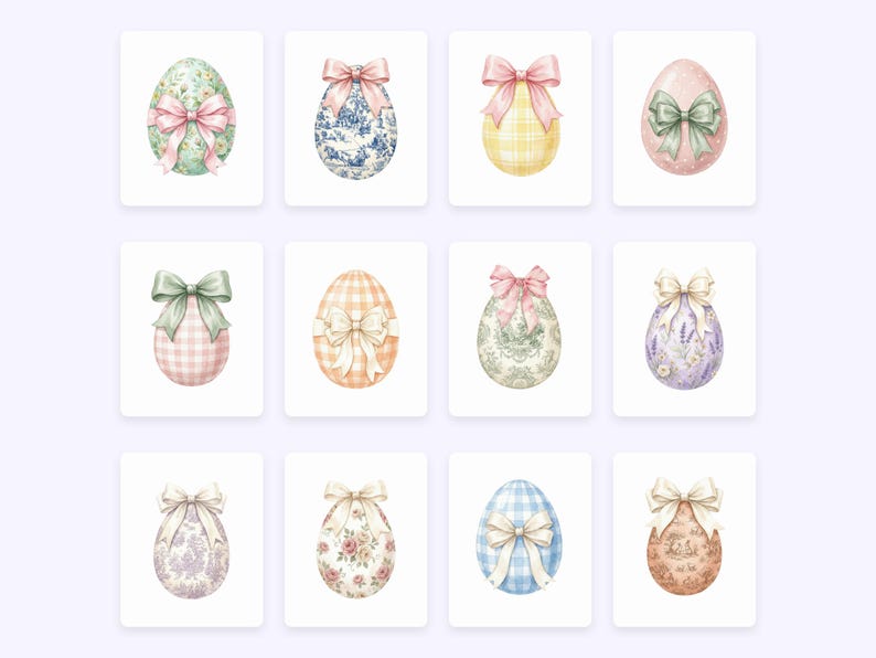 May include: Watercolor illustrations of Easter eggs with decorative bows. Each egg features a unique pattern, including floral, gingham, and toile designs. The bows are in various pastel colors, adding to the festive theme. The eggs are displayed on a white background.