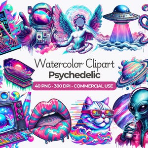 Clipart psichedelico ad acquerello, sublimazione psichedelica, fungo magico, alieno, UFO, astronauta, PNG hippie, uso commerciale