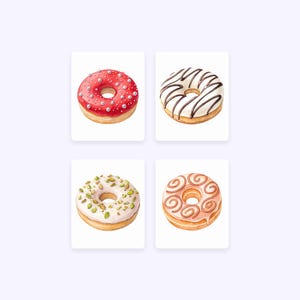 Puede incluir: Cuatro donuts diferentes con diferentes coberturas. Un donut rojo con chispas blancas, un donut blanco con rayas de chocolate, un donut blanco con chispas de pistacho verdes y un donut rosa con remolinos marrones.