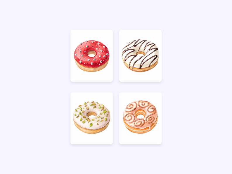 Puede incluir: Cuatro donuts diferentes con diferentes coberturas. Un donut rojo con chispas blancas, un donut blanco con rayas de chocolate, un donut blanco con chispas de pistacho verdes y un donut rosa con remolinos marrones.