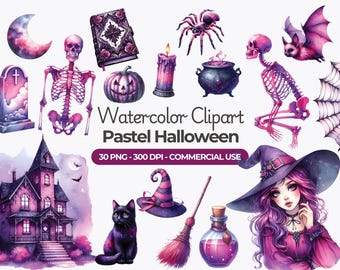 Paarse gotische Halloween-clipart, schedels, heks, pompoen (PNG, commercieel gebruik)