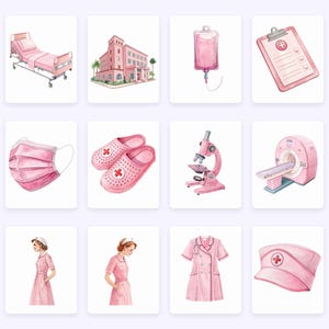 May include: A set of pink watercolor illustrations of medical supplies and healthcare professionals. The illustrations include a hospital bed, a hospital building, an IV bag, a clipboard, a face mask, a pair of pink clogs, a microscope, a CT scanner, a nurse in a pink uniform, a nurse in a pink dress, a pink nurse's uniform, and a pink nurse's hat.