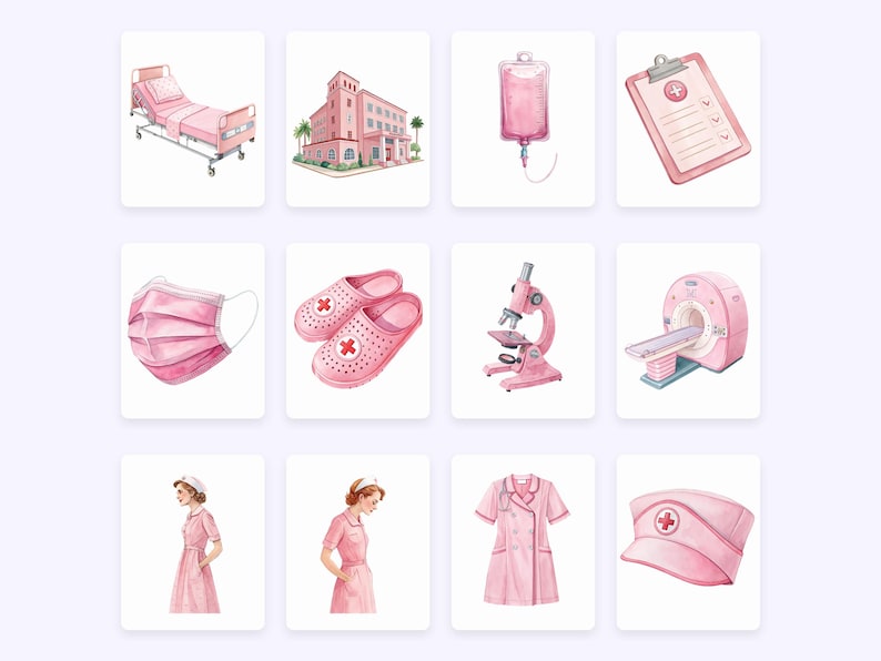 May include: A set of pink watercolor illustrations of medical supplies and healthcare professionals. The illustrations include a hospital bed, a hospital building, an IV bag, a clipboard, a face mask, a pair of pink clogs, a microscope, a CT scanner, a nurse in a pink uniform, a nurse in a pink dress, a pink nurse's uniform, and a pink nurse's hat.