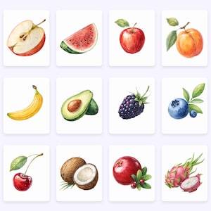 K&ouml;nnte beinhalten: Aquarell-Illustrationen von verschiedenen Fr&uuml;chten und Beeren, darunter ein roter Apfel, ein St&uuml;ck Wassermelone, ein Pfirsich, eine Banane, eine Avocado, eine Brombeere, eine Blaubeere, eine Kirsche, eine Kokosnuss, eine Cranberry und eine Drachenfrucht.