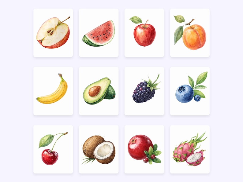 K&ouml;nnte beinhalten: Aquarell-Illustrationen von verschiedenen Fr&uuml;chten und Beeren, darunter ein roter Apfel, ein St&uuml;ck Wassermelone, ein Pfirsich, eine Banane, eine Avocado, eine Brombeere, eine Blaubeere, eine Kirsche, eine Kokosnuss, eine Cranberry und eine Drachenfrucht.