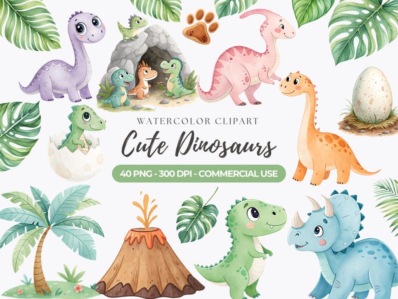 May include: Watercolor clipart of cute dinosaurs in various poses, including a pink dinosaur, a purple dinosaur, a green dinosaur, an orange dinosaur, a blue dinosaur, and a dinosaur hatching from an egg. The clipart also includes a volcano, a palm tree, and tropical leaves. The text "Watercolor Clipart Cute Dinosaurs 40 PNG - 300 DPI - Commercial Use" is included in the image.