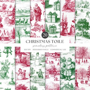 Peut inclure: Ensemble de 20 motifs sans couture de Noël en rouge et vert. Les motifs présentent des scènes festives avec le Père Noël, des cadeaux, des bonhommes de neige et des paysages d'hiver. Le texte indique "Christmas Toile seamless pattern".
