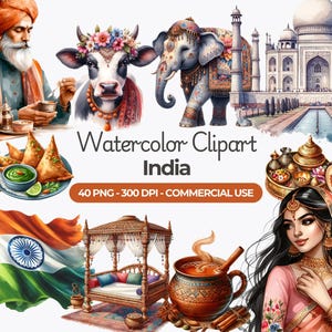 Watercolor India Clipart, India Culture PNG, Taj Mahal, Elephant, Cow, Charpai, Puja Thali, Indian Food, Travel Clipart, Commercial Use