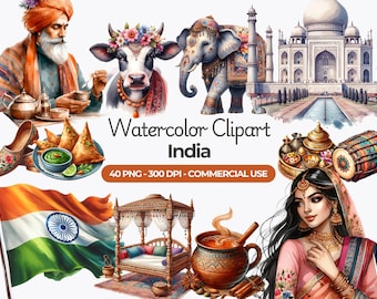 Paquete de imágenes prediseñadas de acuarela de la India: Taj Mahal, elefante (uso comercial)